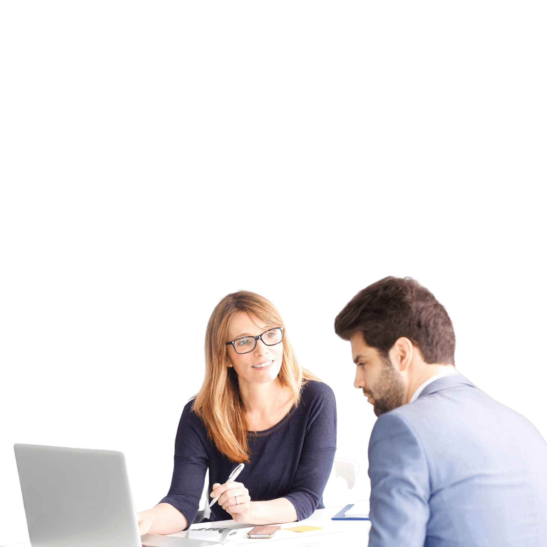 lady with laptop talking to man